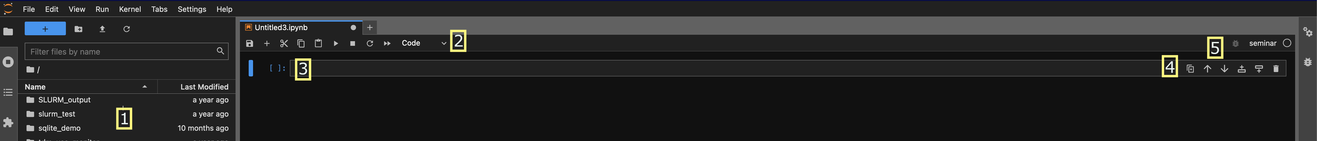 A screenshot focused on the very top of the Jupyter website. The image has the options menu in the top-left. In the center-left of the image is the file menu with a 1 surrounded by a yellow square. In the center-middle and center-right is the new notebook. A tab for the notebook shows the name Untitled3.ipynb. Under the notebook name, there are several notebook options listed. Just past the options icons is a 2 highlighted with a yellow square. Under the notebook options is a blank code cell that is highlighted by the cursor. The cell contains a number 3 highlighted with a yellow square. On the far right side of the code cell there are several cell options. The far right also contains a 4 surrounded by a yellow square. In the upper-right of the image is a 5 surrounded by a yellow square. Next to the yellow square is the work seminar next to an empyt circle for the kernel status